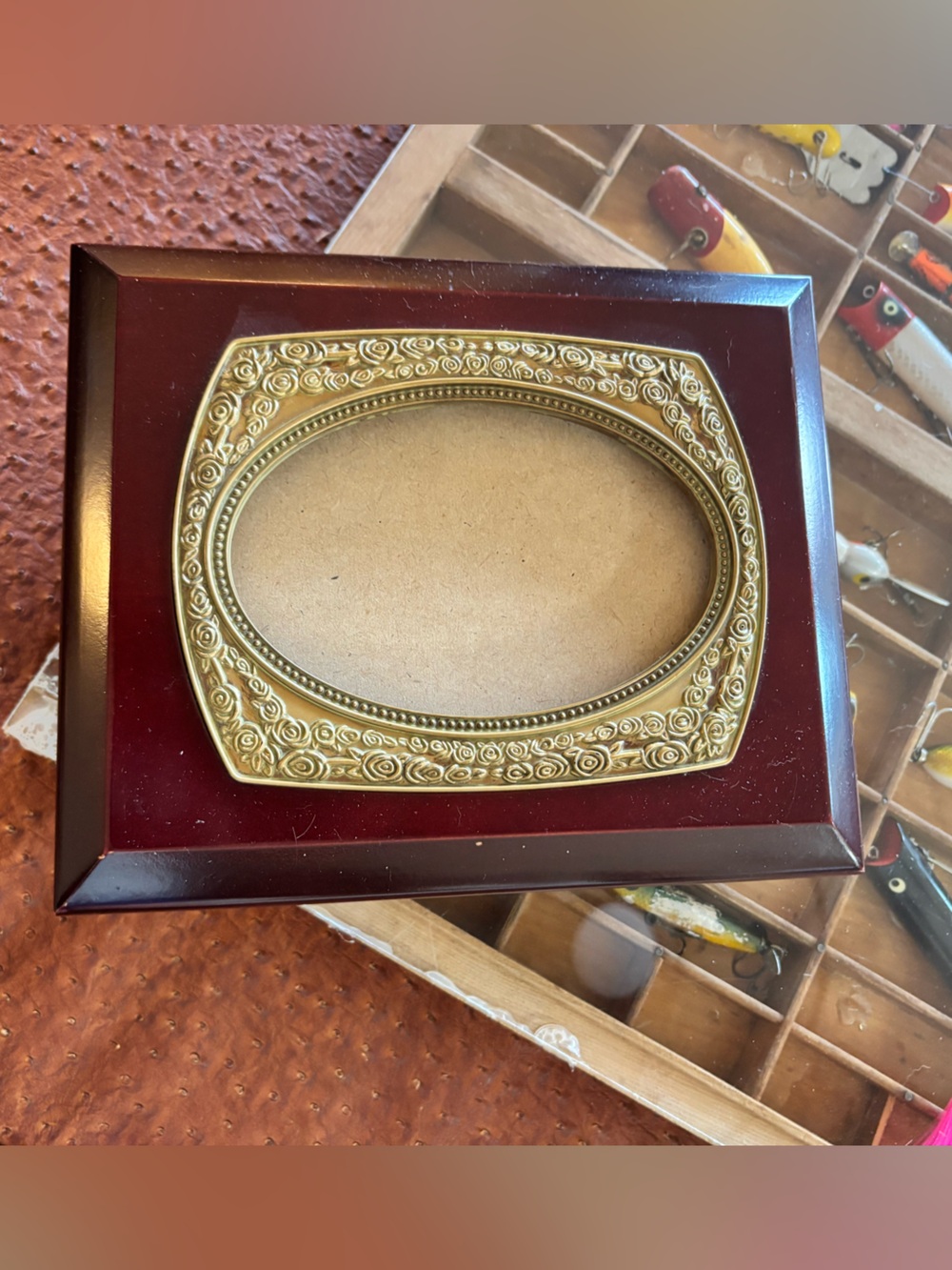 Vintage Wooden Keepsake Jewelry Box with Gold Filigree Oval Photo Frame
